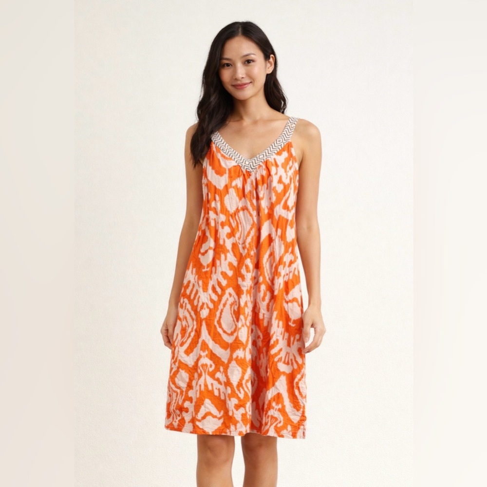 Soft Surroundings Maya Womens Orange and White Patterned Maxi Dress Size S EUC